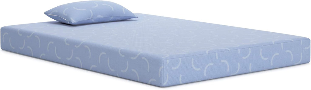 Signature Design by Ashley Full Size iKidz 7 Inch Firm Gel Memory Foam Mattress with Stretch Knit Cover & Pillow Included, Blue Ocean, Fiberglass-Free, Mattress in A Box