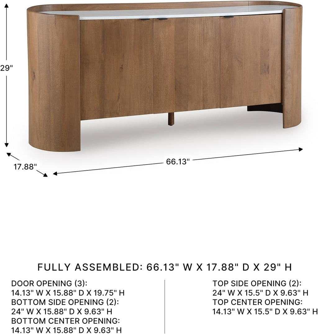 Signature Design by Ashley Fitzroy Accent Cabinet, Contemporary Solid Mango Wood & White Marble Top Sideboard with Anti-Tipping, Soft-Close Doors, Cord Openings, Light Brown & White, 66 Inch