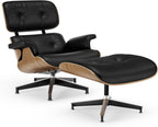 Luxury Top Black Grain Leather Mid Century Chaise Lounge Chair with Ottoman, Premium Handcrafted Walnut Wood, Ergonomic Modern Accent Chair for Living Room Office