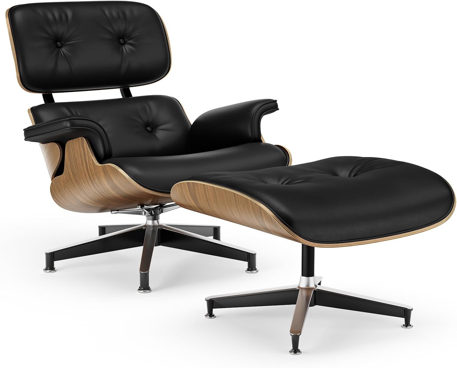 Luxury Top Black Grain Leather Mid Century Chaise Lounge Chair with Ottoman, Premium Handcrafted Walnut Wood, Ergonomic Modern Accent Chair for Living Room Office