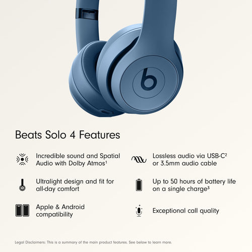 Beats Solo 4 - سماعات رأس لاسلكية بلوتوث فوق الأذن، عمر بطارية يصل إلى 50 ساعة، راحة فائقة الخفة، صوت قوي ومتوازن، متوافقة مع Apple و Android - أزرق أردوازي
