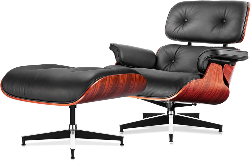 Luxury Top Black Grain Leather Mid Century Chaise Lounge Chair with Ottoman, Premium Handcrafted Walnut Wood, Ergonomic Modern Accent Chair for Living Room Office