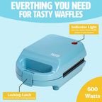 Tasty Mini Nonstick Waffle Maker, Perfect for Individual Waffles, Hash Browns, Brownies and more, Quick Results, Easy Clean Up, 600W, Blue