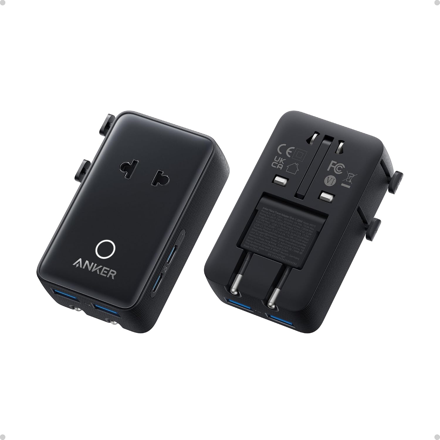 Anker Nano Travel Adapter, 5-Port Power Adapter with 1× 2-Pin AC, 2 USB A, 2 USB C for 20W, Smart Temperature Control, Works in 200+ Countries, Not a Voltage Converter, Travel Essentials (1-Pack)