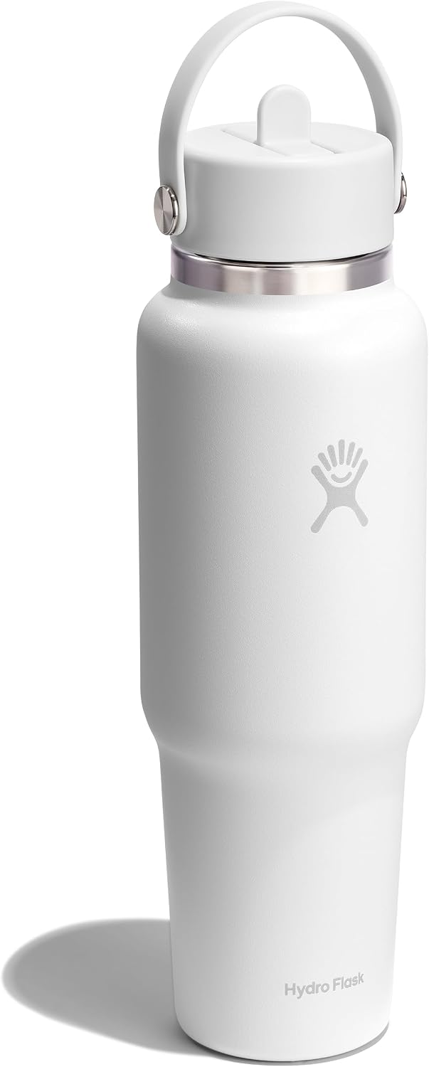 Hydro Flask Travel Water Bottle - Insulated Stainless Steel - Wide Straw Lid, Non Spill, Leakproof in 40 Oz Tonal White