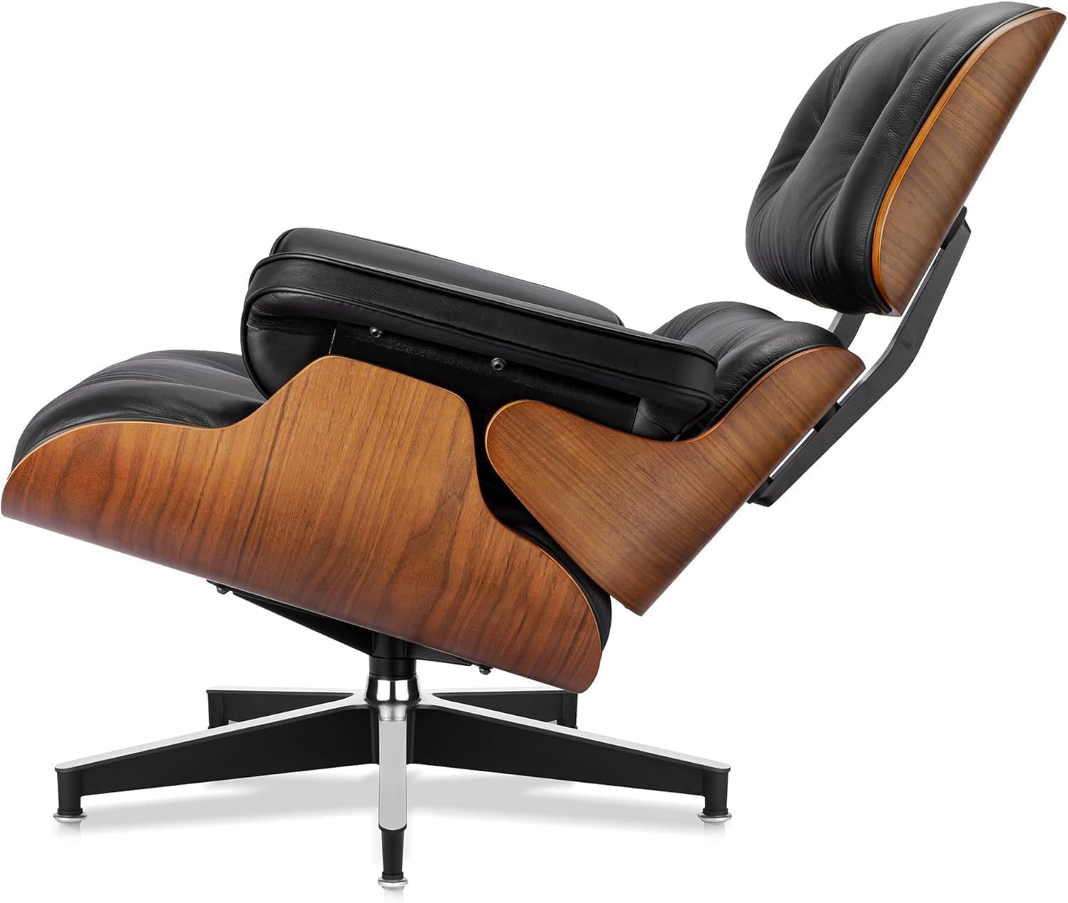 Luxury Top Black Grain Leather Mid Century Chaise Lounge Chair with Ottoman, Premium Handcrafted Walnut Wood, Ergonomic Modern Accent Chair for Living Room Office