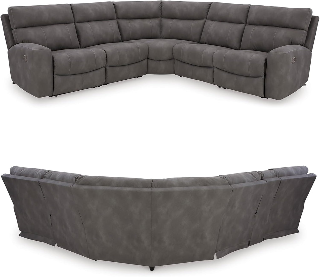 Signature Design by Ashley Contemporary Next-Gen DuraPella L-Shape Symmetrical Faux Leather 5-Piece Power Reclining Sectional with Adjustable Headrest and USB Charging Ports, Gray