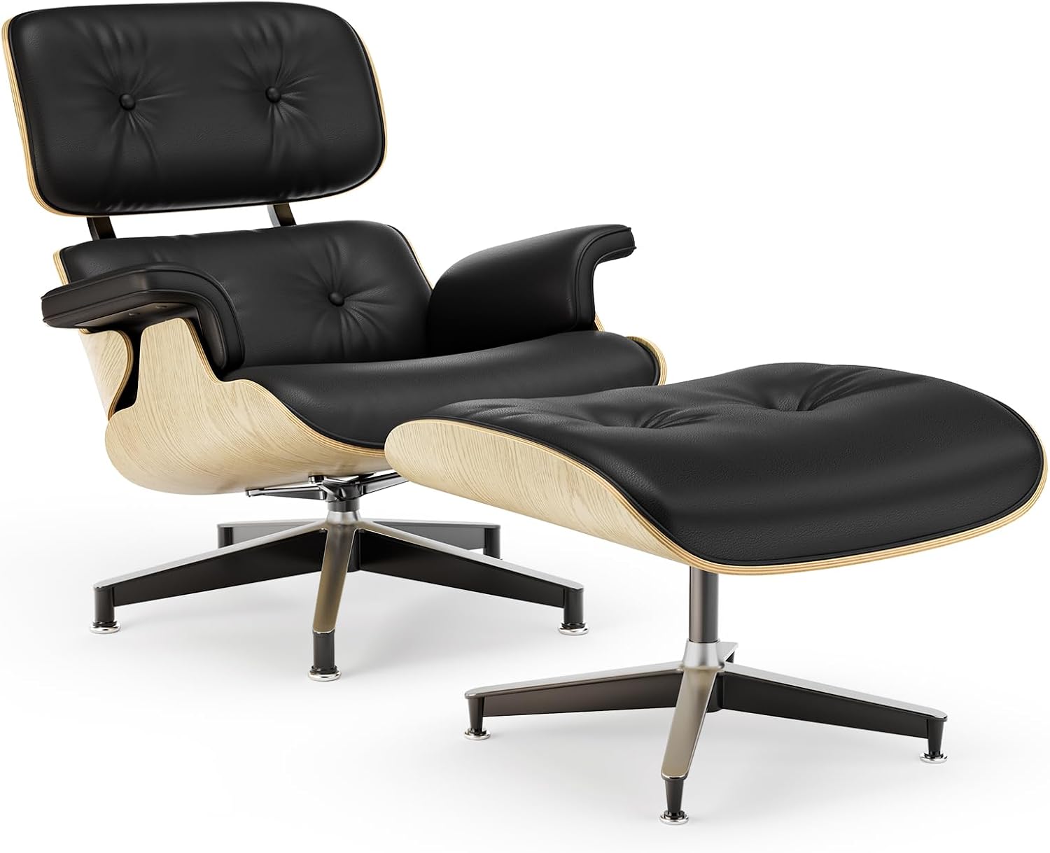 Luxury Top Black Grain Leather Mid Century Chaise Lounge Chair with Ottoman, Premium Handcrafted Walnut Wood, Ergonomic Modern Accent Chair for Living Room Office