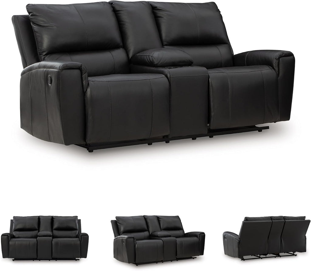 Signature Design by Ashley Glassmere Contemporary Leather Match Reclining Loveseat with Console, 2 Cup Holders and Storage, Black