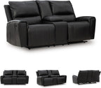 Signature Design by Ashley Glassmere Contemporary Leather Match Reclining Loveseat with Console, 2 Cup Holders and Storage, Black