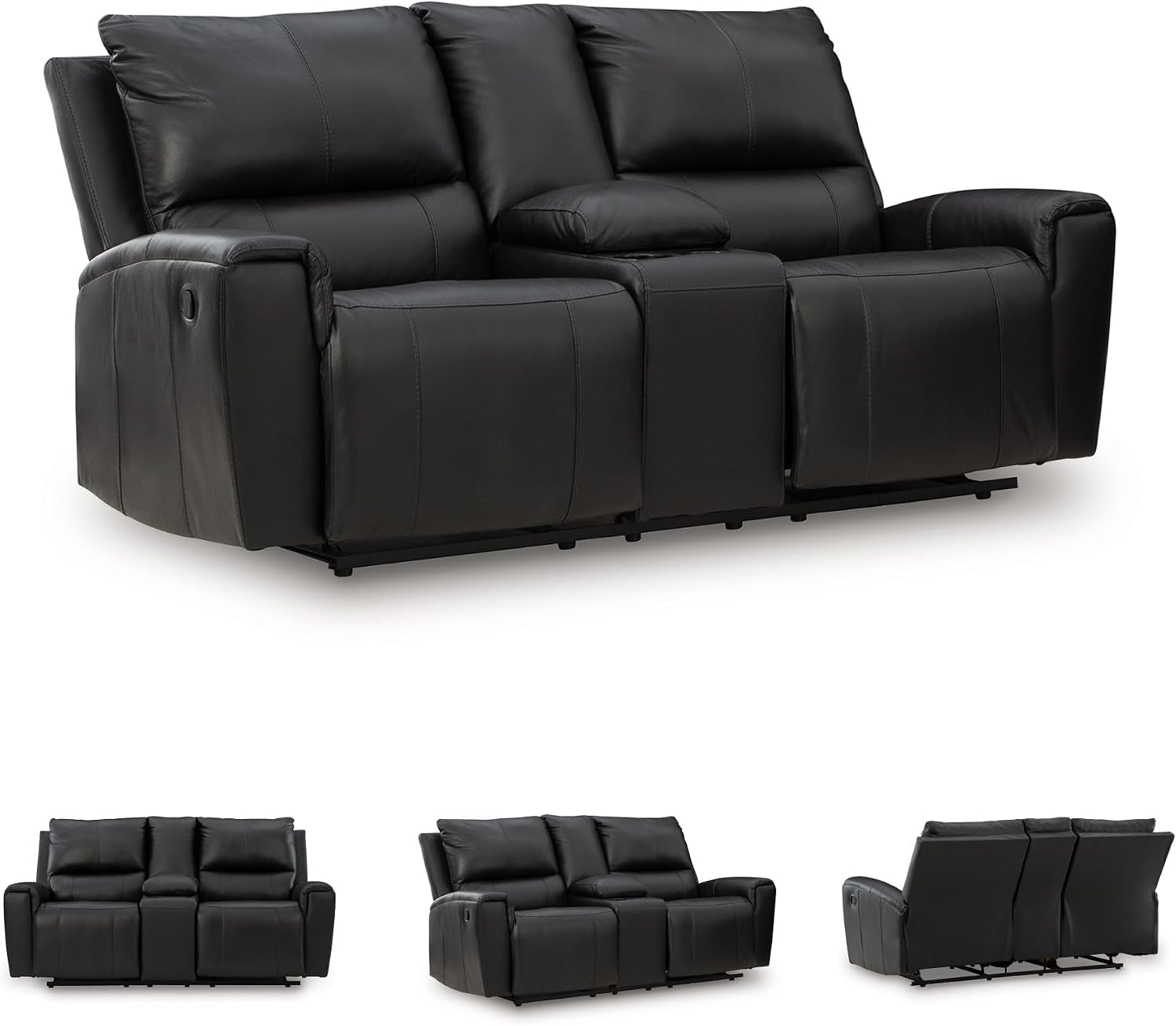 Signature Design by Ashley Glassmere Contemporary Leather Match Reclining Loveseat with Console, 2 Cup Holders and Storage, Black