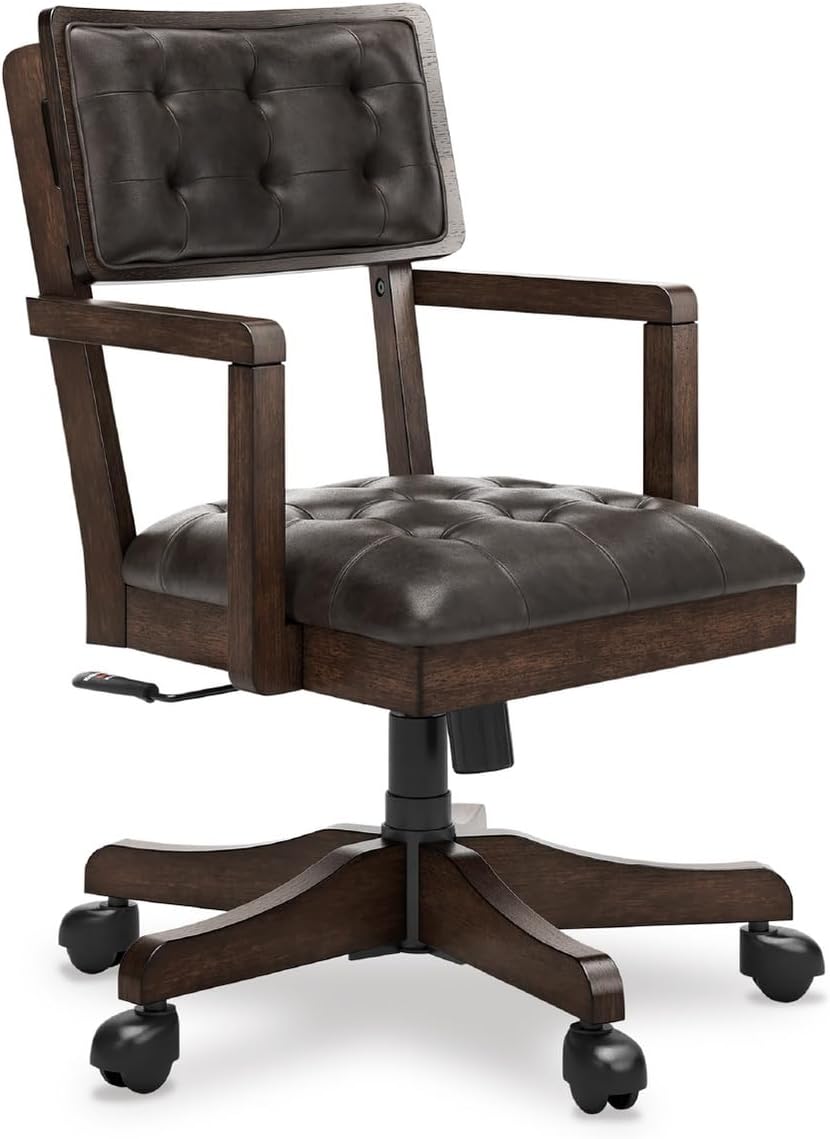 Signature Design by Ashley Breckington Contemporary Faux Leather Tufted Home Office Desk Chair with Adjustable Height and Casters, Solid Wood, 28.75" W x 28.75" D x 38" H, Dark Brown