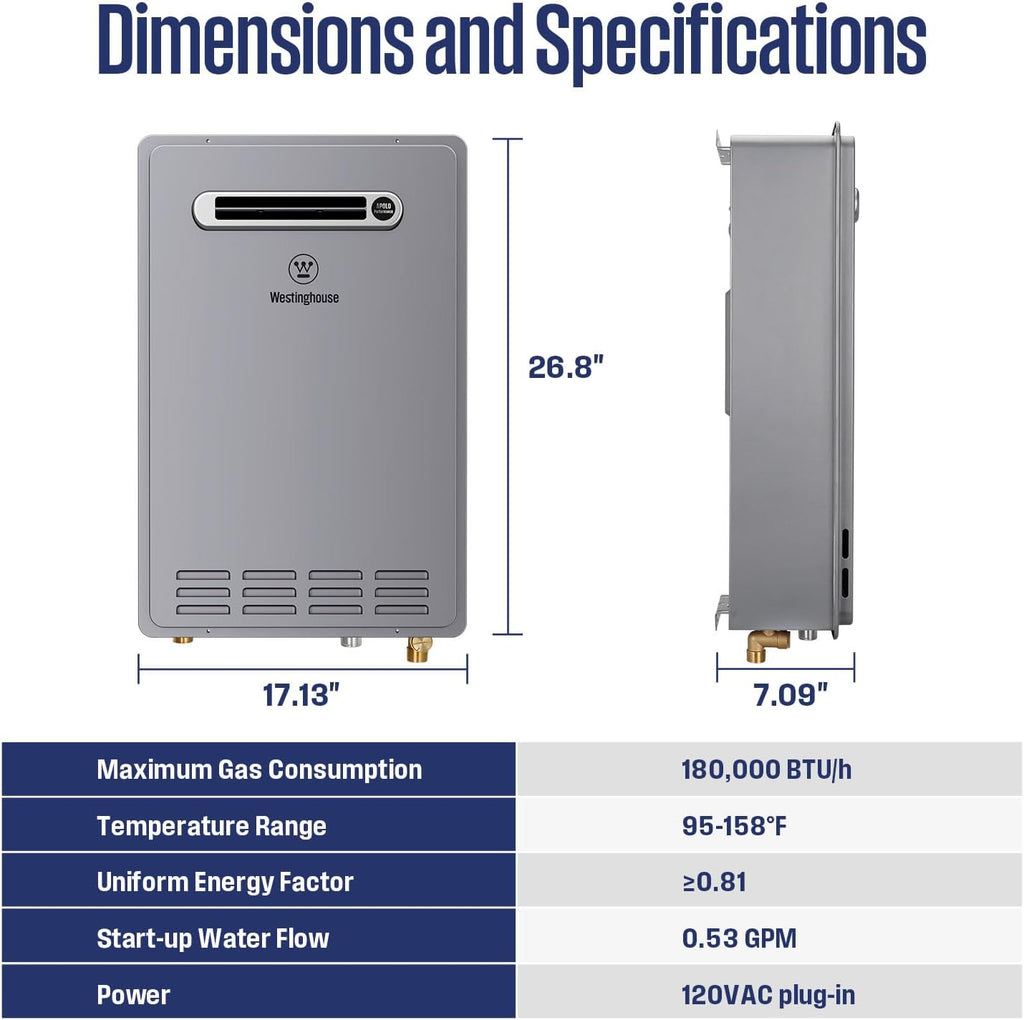 Westinghouse Propane Tankless Water Heater Outdoor, 8.1 GPM 180,000 BTU Whole House Instant Hot Water Heater, ±1°F Temp Stability, Non-Condensing on Demand High Efficiency for 3-5 Fixtures, LPG, 26L