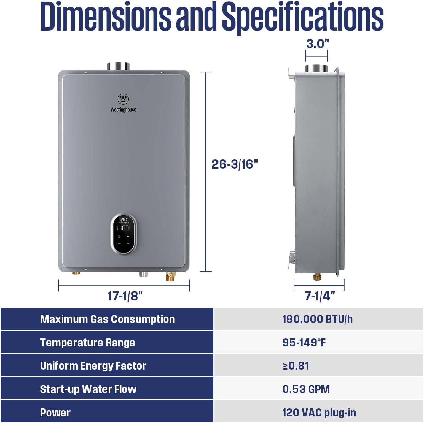 Westinghouse Smart Tankless Water Heater Gas Indoor, 7.9 GPM 180,000 BTU Whole Home Natural Gas Heater, WiFi App Control, ±1°F Temperature Stability, Non-Condensing for 3-5 Fixtures
