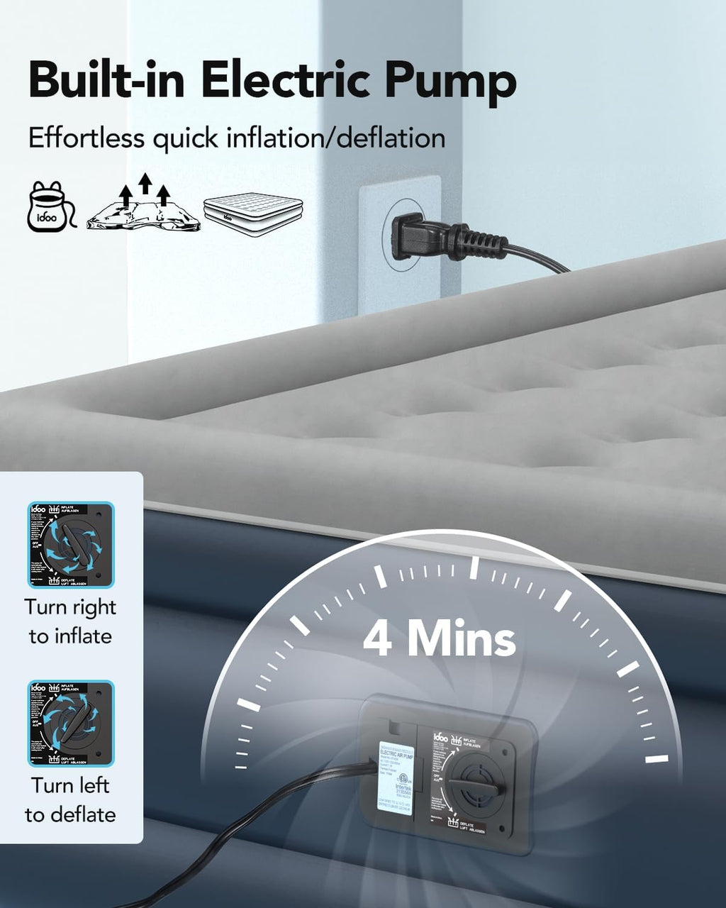 iDOO King Size Air Mattress with Built in Pump, 18" Raised Comfort Blow up Mattress King, Upgraded Inflatable Mattress for Guest Home, Temporary Air Bed with Storage Bag, colchon inflable, 750lbs Max
