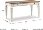 Signature Design by Ashley Realyn Farmhouse Home Office Desk, 2 Drawers, Drop-down Drawer, USB Charging, Wood, 60" W x 28" D x 31" H, Chipped White and Brown