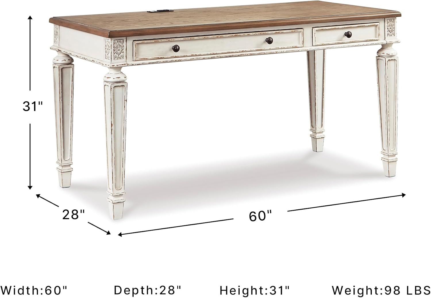 Signature Design by Ashley Realyn Farmhouse Home Office Desk, 2 Drawers, Drop-down Drawer, USB Charging, Wood, 60" W x 28" D x 31" H, Chipped White and Brown