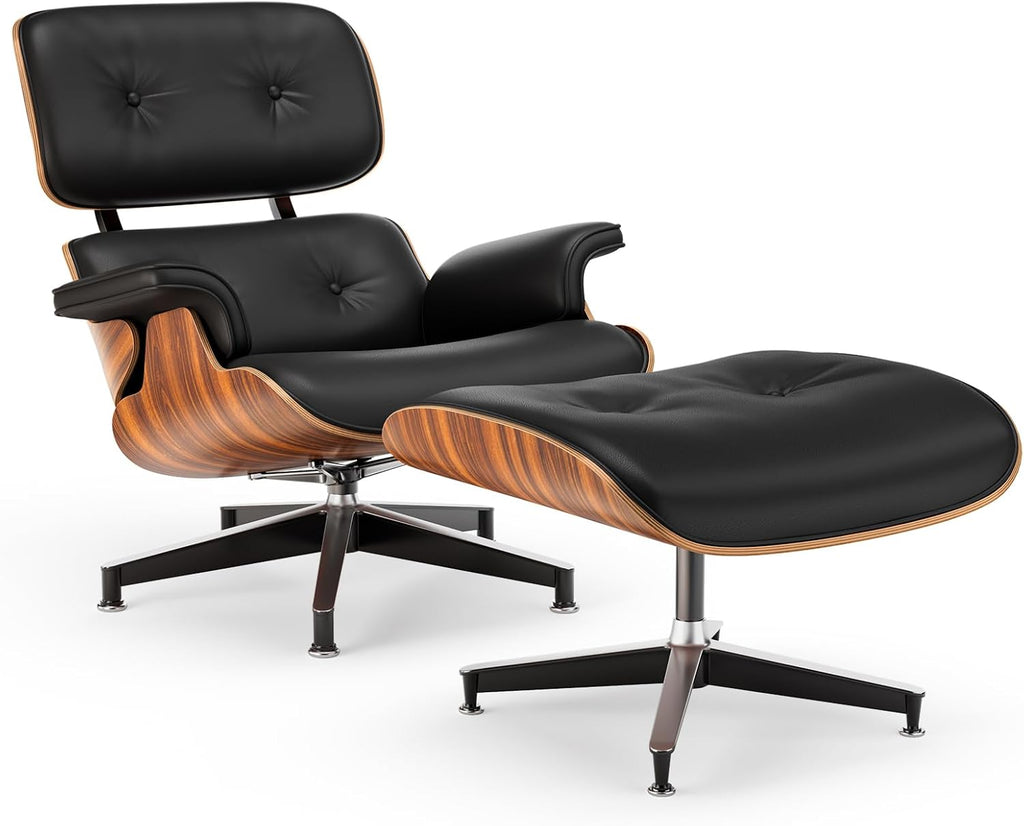 Luxury Top Black Grain Leather Mid Century Chaise Lounge Chair with Ottoman, Premium Handcrafted Walnut Wood, Ergonomic Modern Accent Chair for Living Room Office