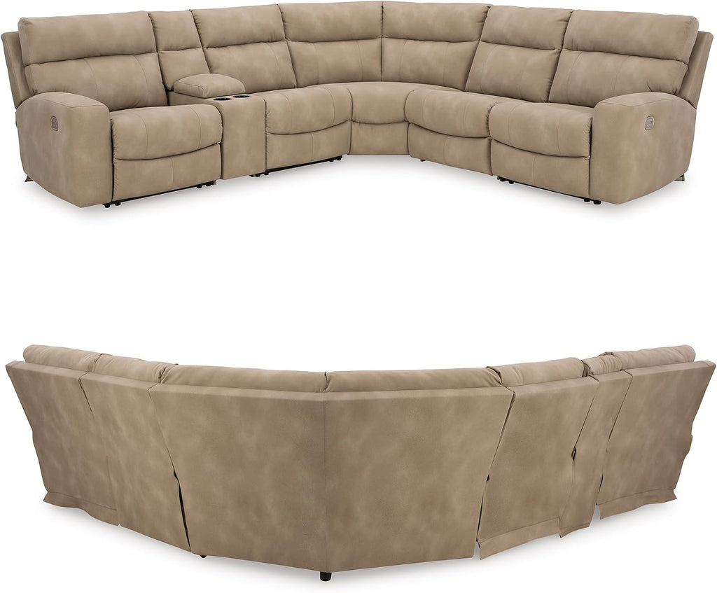 Signature Design by Ashley Next-Gen DuraPella 6-Piece Power Reclining Sectional, Zero Gravity Comfort and Adjustable Headrests, L-Shaped Faux Leather Modular Design for Living Rooms, Sand, 132" W
