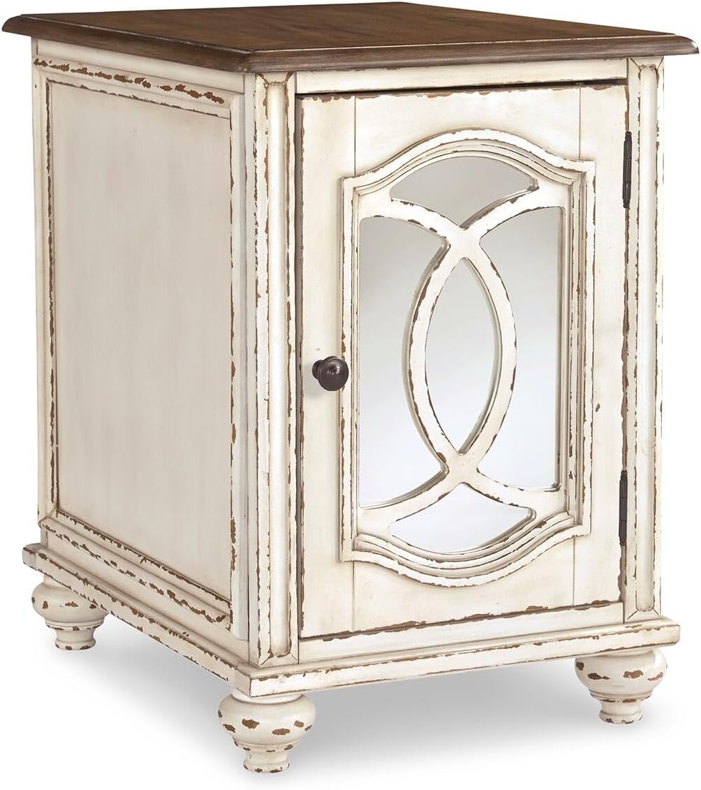 Signature Design by Ashley Realyn Chairside End Table, Living Room Side Table, Antique Two-Tone Mirrored Door, Ash Veneer, Wood and Engineered Wood, White/Brown, 18"W x 24"D x 25"H