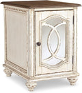 Signature Design by Ashley Realyn Chairside End Table, Living Room Side Table, Antique Two-Tone Mirrored Door, Ash Veneer, Wood and Engineered Wood, White/Brown, 18"W x 24"D x 25"H