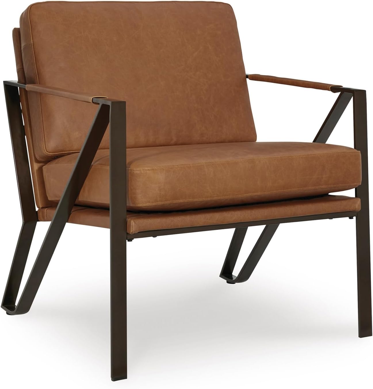 Signature Design by Ashley Garronmont Mid-Century Modern Leather Accent Chair with Metal Frame, Light Brown & Metallic