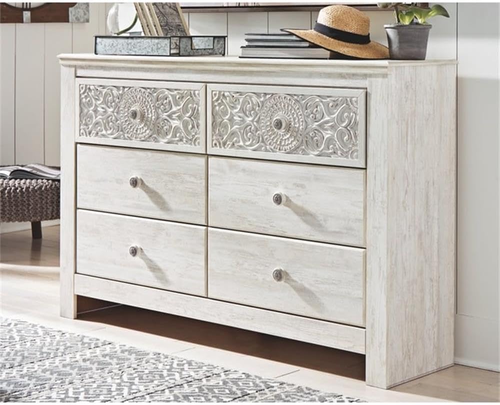 Signature Design by Ashley Paxberry 6 Drawer Dresser, Arrives Pre-Assembled, Engineered Wood and Decorative Laminate, Boho Chest of Drawers for Bedroom, Whitewash, 62"W x 16"D x 40"H
