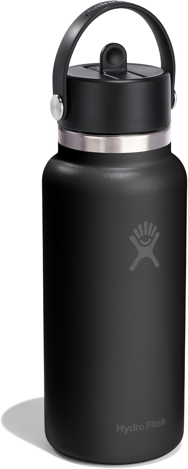 Hydro Flask Water Bottle - Insulated Stainless Steel - Wide Mouth Flex Straw Lid, Non Spill, Leakproof and Refillable in 32 Oz Tonal Black