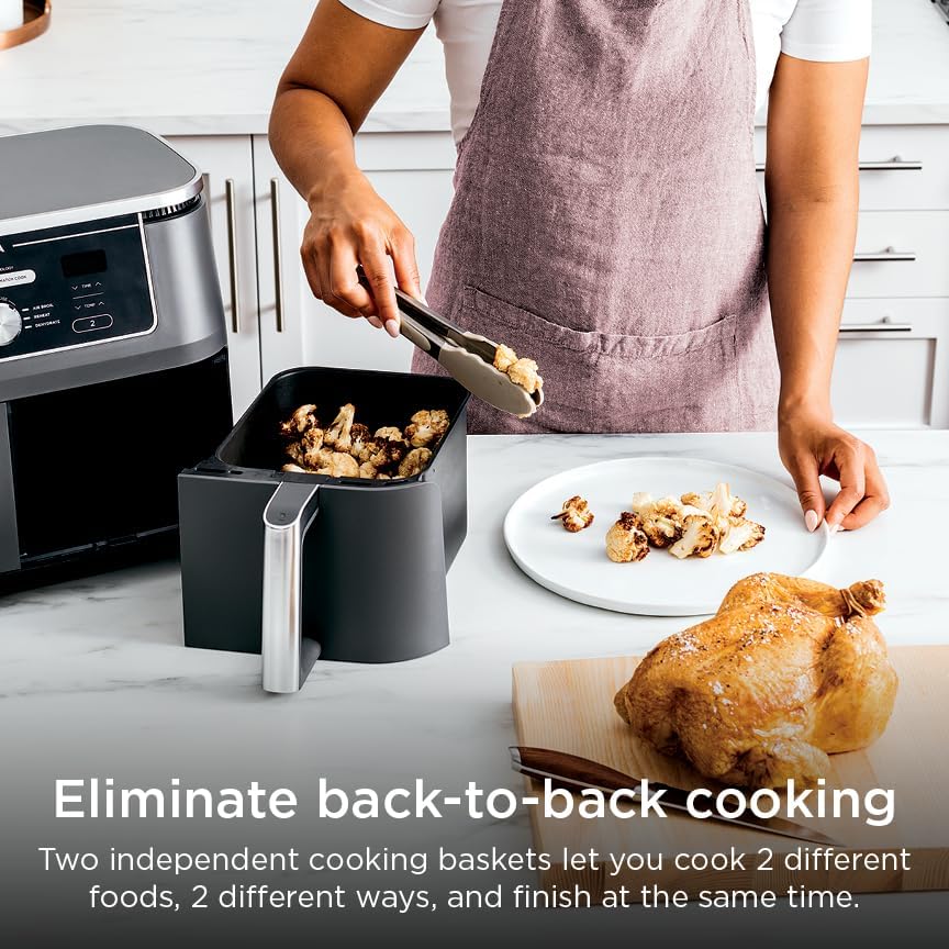Ninja DZ401 Foodi 10 Quart 6-in-1 DualZone XL 2-Basket Air Fryer with 2 Independent Frying Baskets, Match Cook & Smart Finish to Roast, Broil, Dehydrate for Quick, Easy Family-Sized Meals, Grey