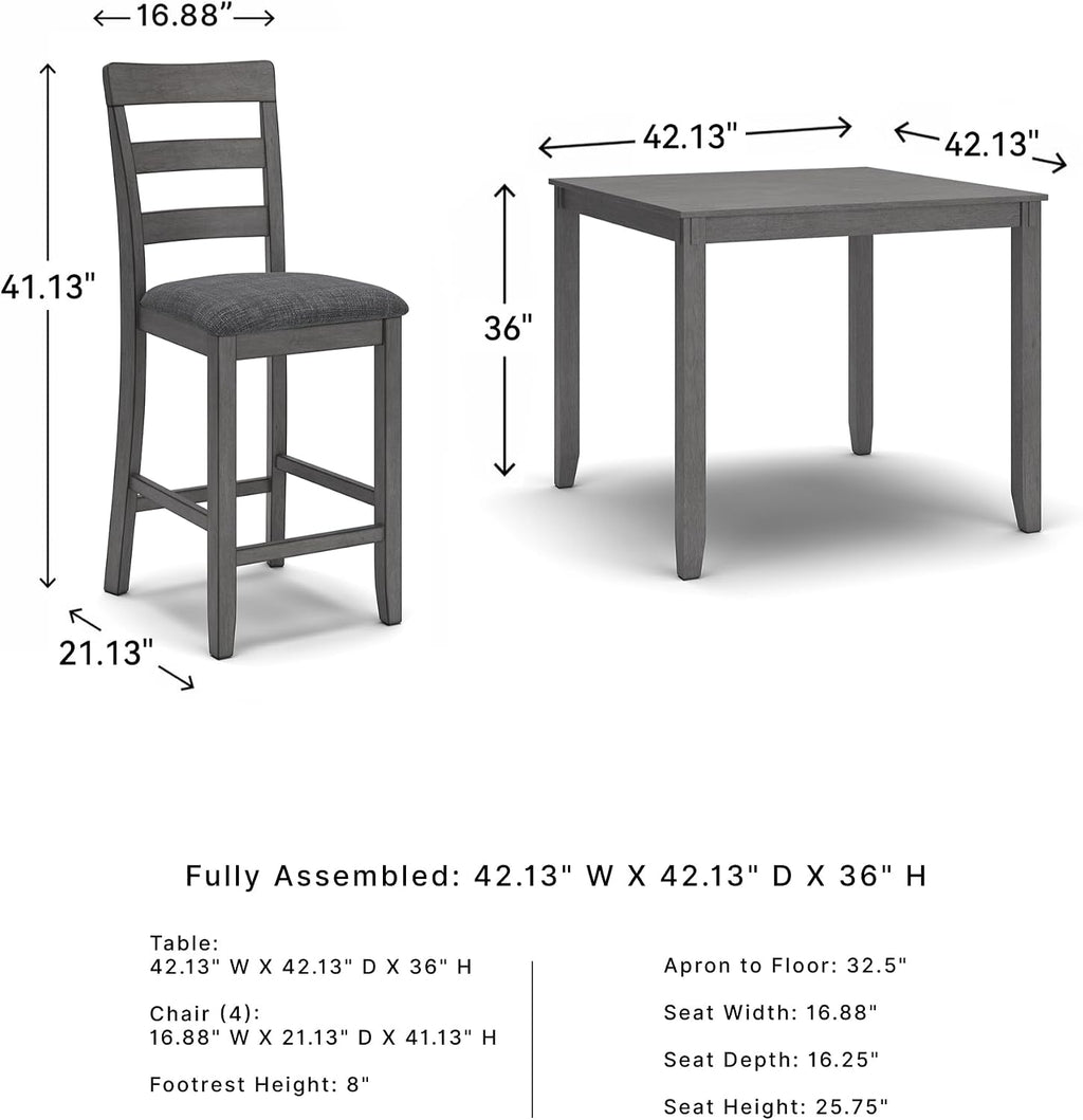 Signature Design by Ashley Bridson 5-Piece Counter Height Dining Table Set, Space-Saving Square Design, Solid Wood, Engineered Wood, and Birch Veneer Construction, Gray