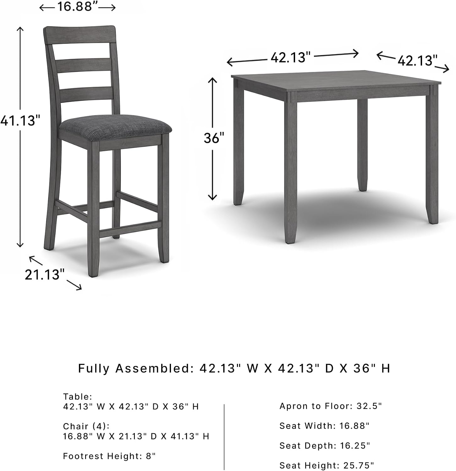 Signature Design by Ashley Bridson 5-Piece Counter Height Dining Table Set, Space-Saving Square Design, Solid Wood, Engineered Wood, and Birch Veneer Construction, Gray