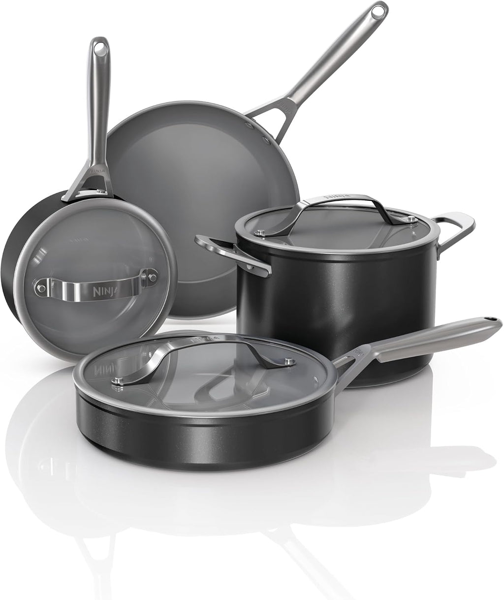 Ninja Ceramic Pro 7-Piece Cookware Set, Non-Stick Pots & Pans Set with Glass Lids, Nontoxic, PTFE Free, Ceramic Coated, Oven Safe, All Stovetops & Induction Compatible, Black, CW39007BK