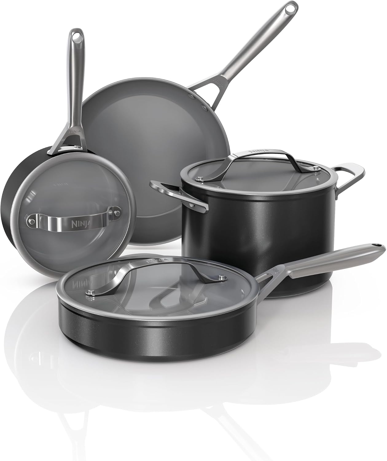 Ninja Ceramic Pro 7-Piece Cookware Set, Non-Stick Pots & Pans Set with Glass Lids, Nontoxic, PTFE Free, Ceramic Coated, Oven Safe, All Stovetops & Induction Compatible, Black, CW39007BK