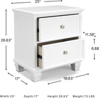 Signature Design by Ashley Fortman White Nightstand, 2 Drawer Storage, Hardwood Solids and MDF Construction, Traditional Wood Bedside Table, 25" W