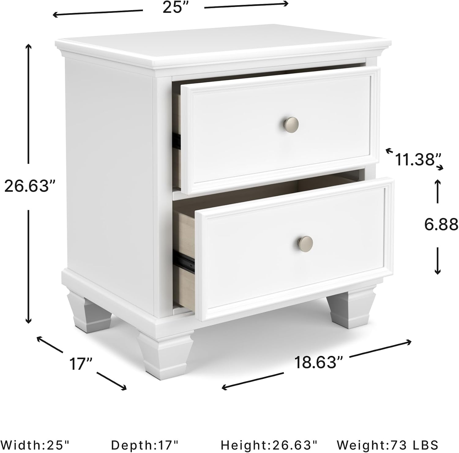 Signature Design by Ashley Fortman White Nightstand, 2 Drawer Storage, Hardwood Solids and MDF Construction, Traditional Wood Bedside Table, 25" W