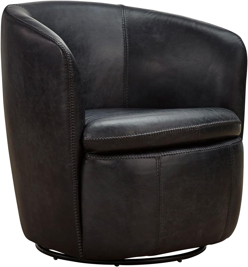 Signature Design by Ashley Kierreys Modern Top Grain Leather Upholstered Swivel Chair with Barrel Back, Black