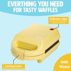 Tasty Mini Nonstick Waffle Maker, Perfect for Individual Waffles, Hash Browns, Brownies and more, Quick Results, Easy Clean Up, 600W, Yellow