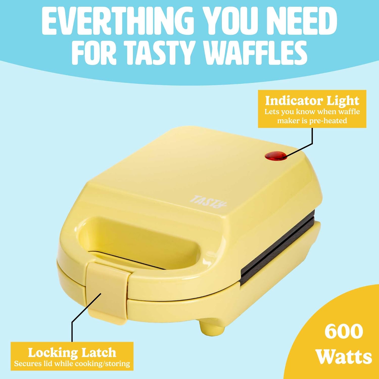 Tasty Mini Nonstick Waffle Maker, Perfect for Individual Waffles, Hash Browns, Brownies and more, Quick Results, Easy Clean Up, 600W, Yellow