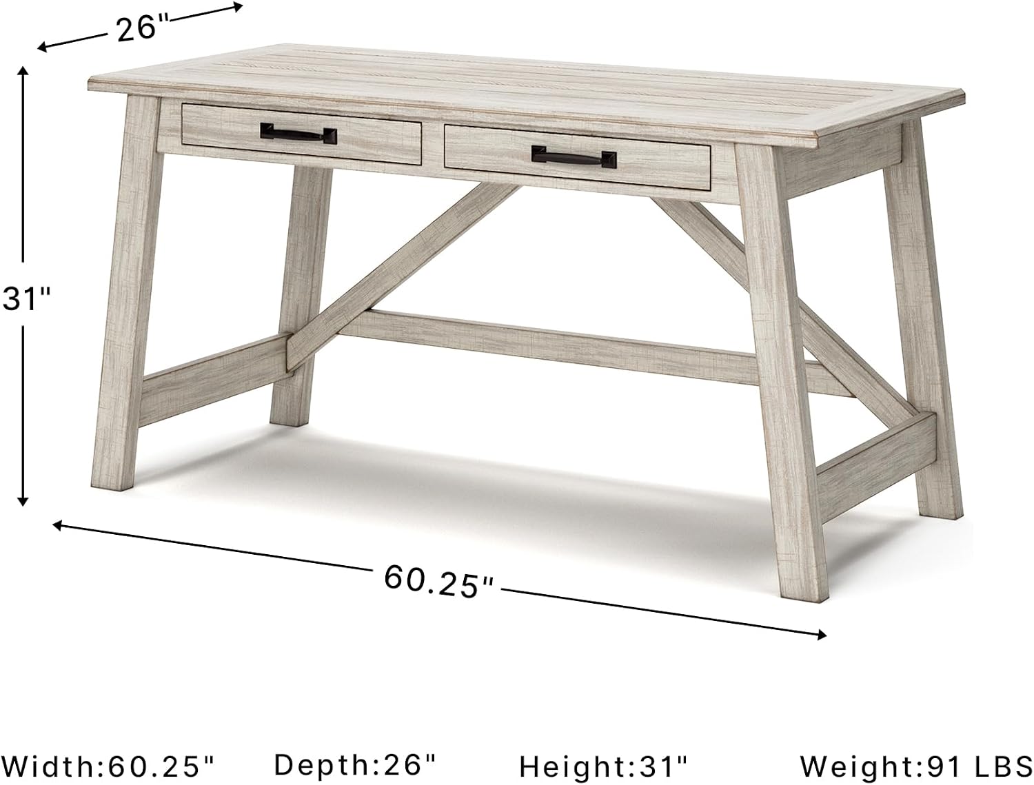 Signature Design by Ashley Carynhurst Farmhouse Large Leg Home Office Desk, 2 Storage Drawers, Vintage Bronze Hardware, Wood, 60.25" Wide, Antique White