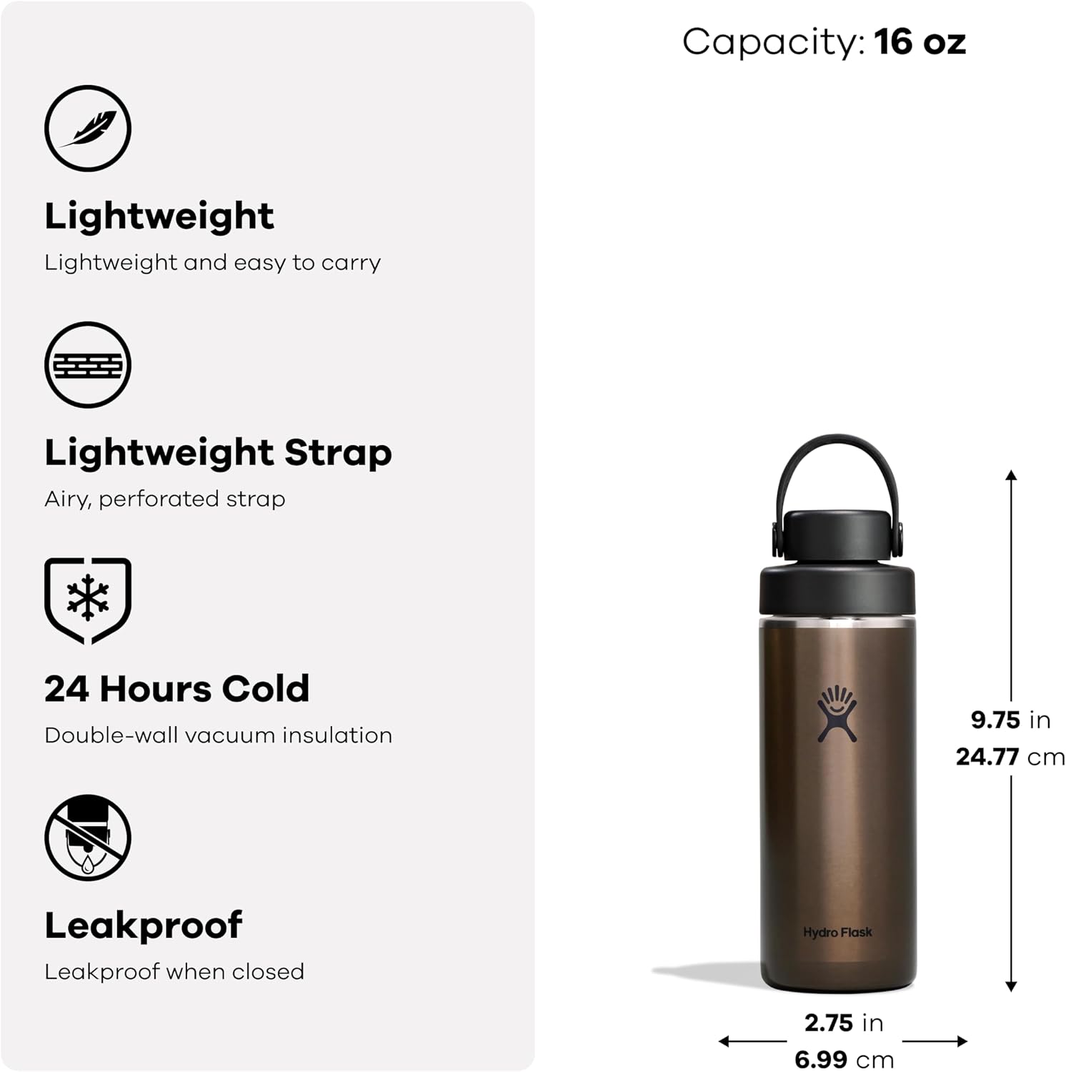 Hydro Flask Lightweight Wide Flex Chug Cap - Insulated Stainless Steel Water Bottle 16 Oz Obsidian
