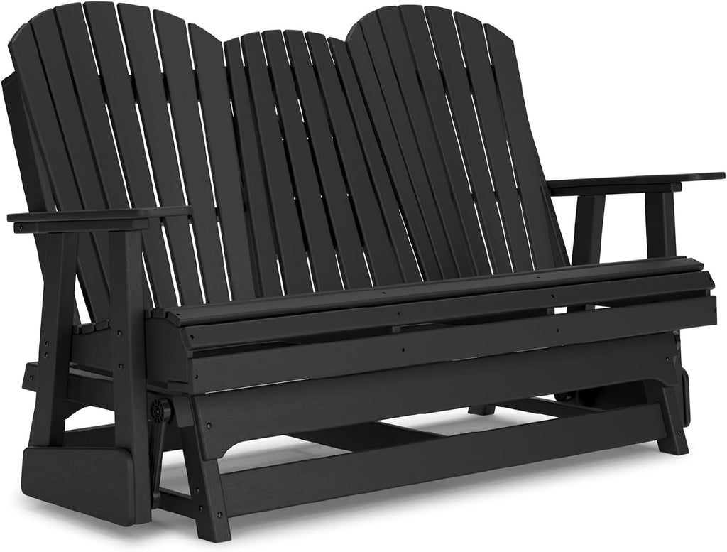 Signature Design by Ashley Hyland Wave Modern Weather Resistant HDPE Outdoor Glider Loveseat with Drop Down Table and 2 Cup Holders, Black
