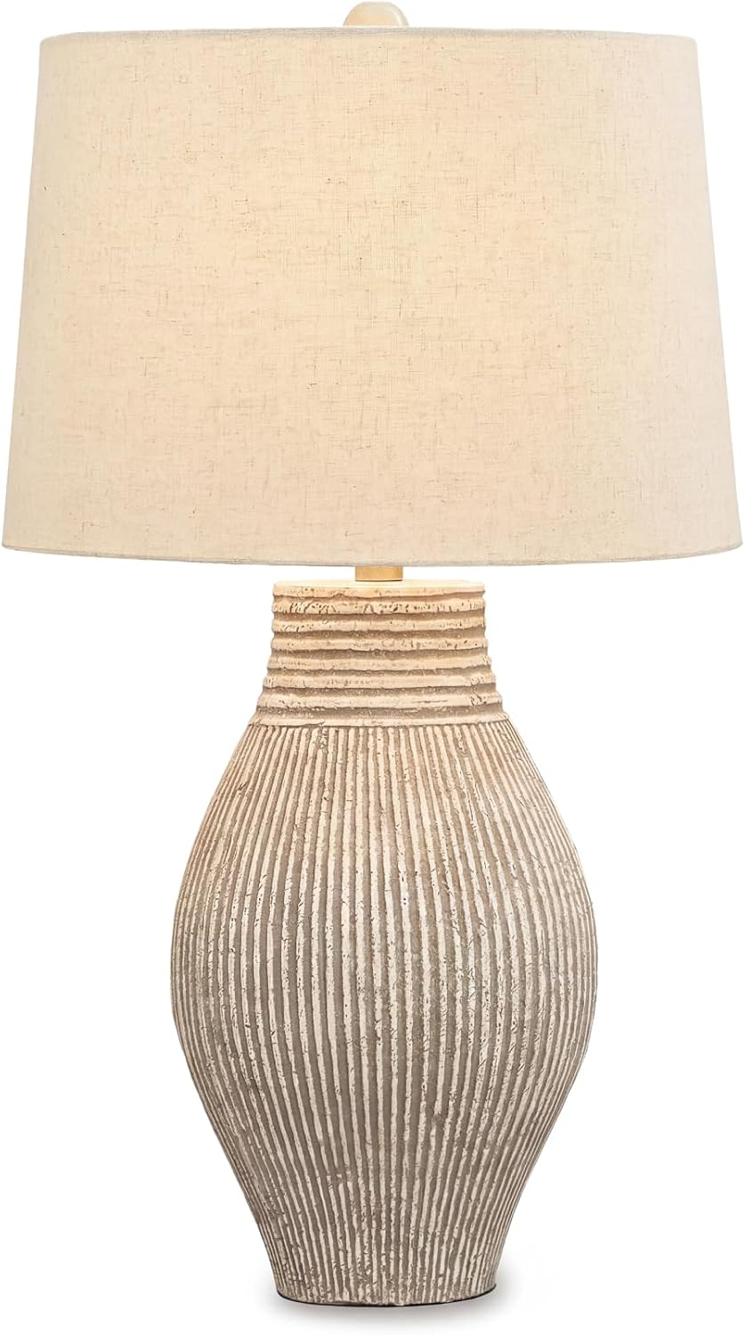 Signature Design by Ashley Layal Modern Table Lamp, Textured Paper Composite Base, Modified Drum Shade, 3-Way Switch Lighting for Living Room or Bedroom, 16 Inch Diameter, Beige