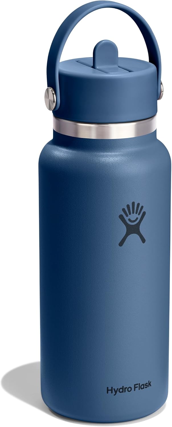 Hydro Flask Water Bottle - Insulated Stainless Steel - Wide Mouth Flex Straw Lid, Non Spill, Leakproof and Refillable in 32 Oz Harbor Blue