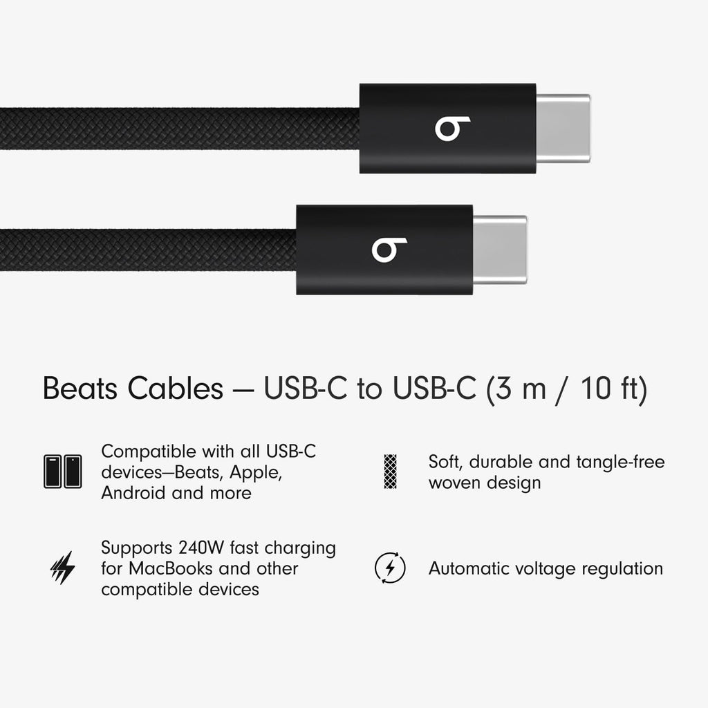 Beats 240W USB-C to USB-C Braided Cable, Fast Charging, Durable/Tangle Free, Compatible with Apple and Android Devices (3 m/10 ft) – Bolt Black