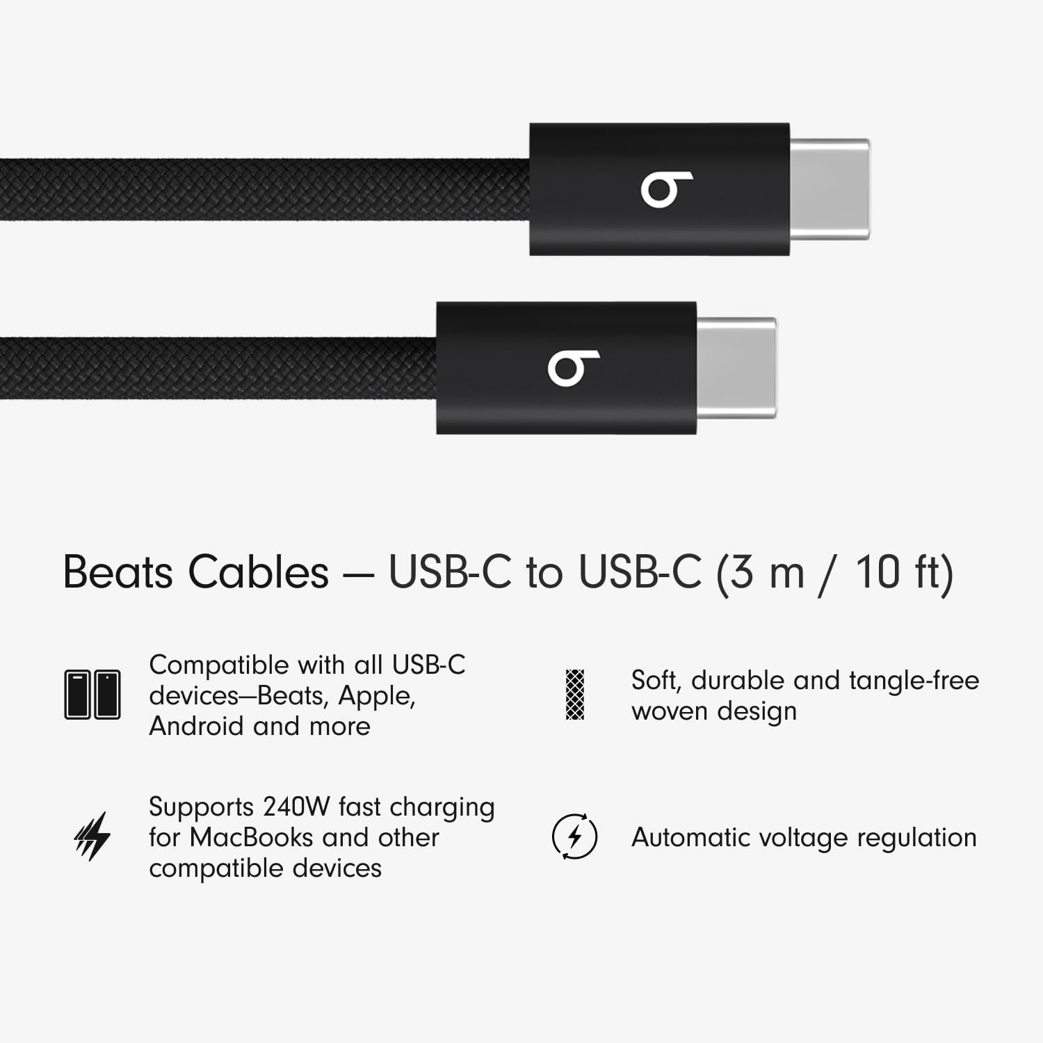 Beats 240W USB-C to USB-C Braided Cable, Fast Charging, Durable/Tangle Free, Compatible with Apple and Android Devices (3 m/10 ft) – Bolt Black
