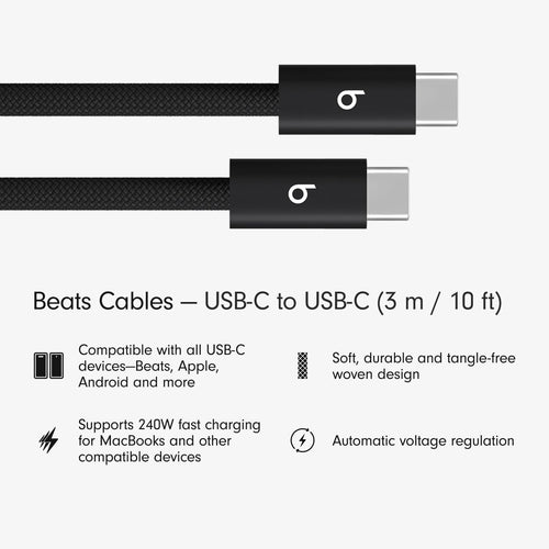 Beats 240W USB-C to USB-C Braided Cable, Fast Charging, Durable/Tangle Free, Compatible with Apple and Android Devices (3 m/10 ft) – Bolt Black