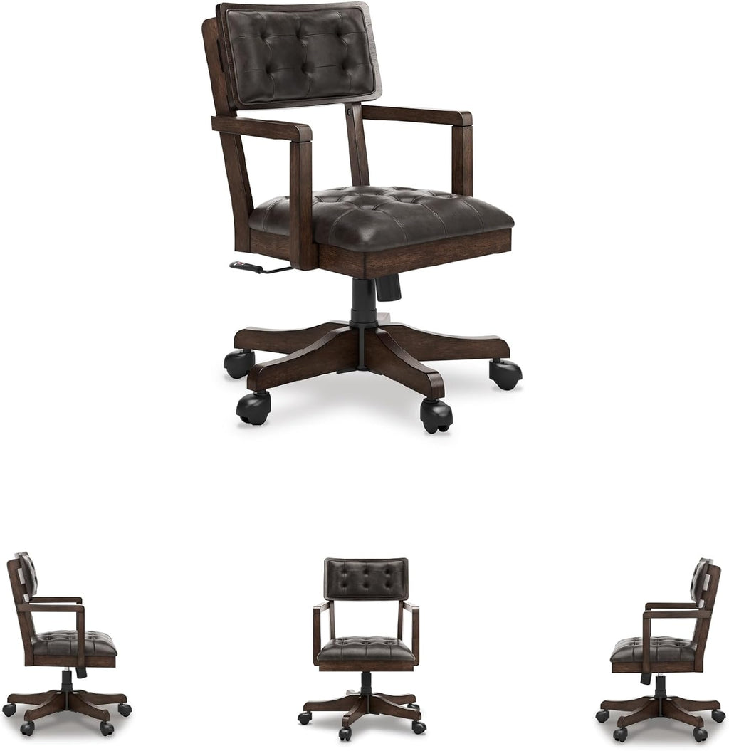 Signature Design by Ashley Breckington Contemporary Faux Leather Tufted Home Office Desk Chair with Adjustable Height and Casters, Solid Wood, 28.75" W x 28.75" D x 38" H, Dark Brown