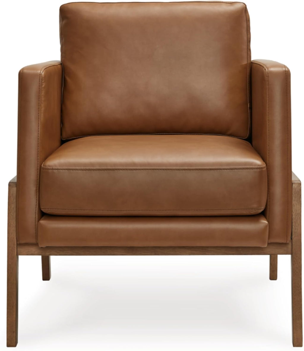Signature Design by Ashley Numund Contemporary Faux Leather Upholstered Accent Chair with Removable Cushions and Track Arms, Light Brown