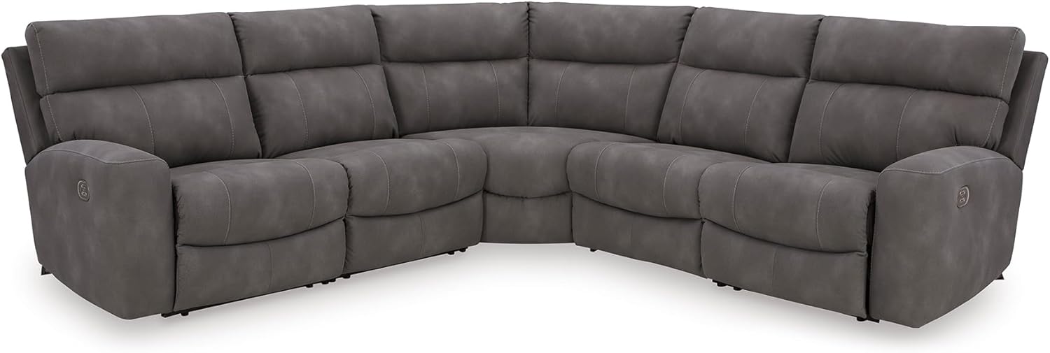 Signature Design by Ashley Contemporary Next-Gen DuraPella L-Shape Symmetrical Faux Leather 5-Piece Power Reclining Sectional with Adjustable Headrest and USB Charging Ports, Gray