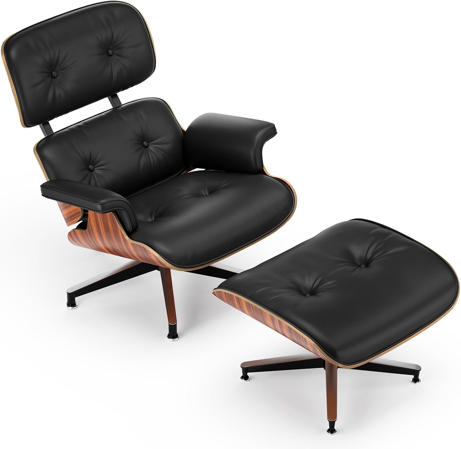 Luxury Top Black Grain Leather Mid Century Chaise Lounge Chair with Ottoman, Premium Handcrafted Walnut Wood, Ergonomic Modern Accent Chair for Living Room Office
